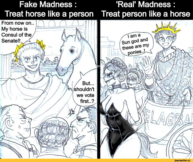 ﻿Fake Madness:	'Real' Madness :
Treat horse like a person Treat person like a horse
From now on. My horse is Consul of the Senate!!,
\arna
in god and
3se are my ponies-)—

			fM X \\\—/1
	1		wF 1 ■W /^IW ' \
			
But...			
/ /^V/snouian t / //1 we vote	1 (WJ, T		
"/ // // V